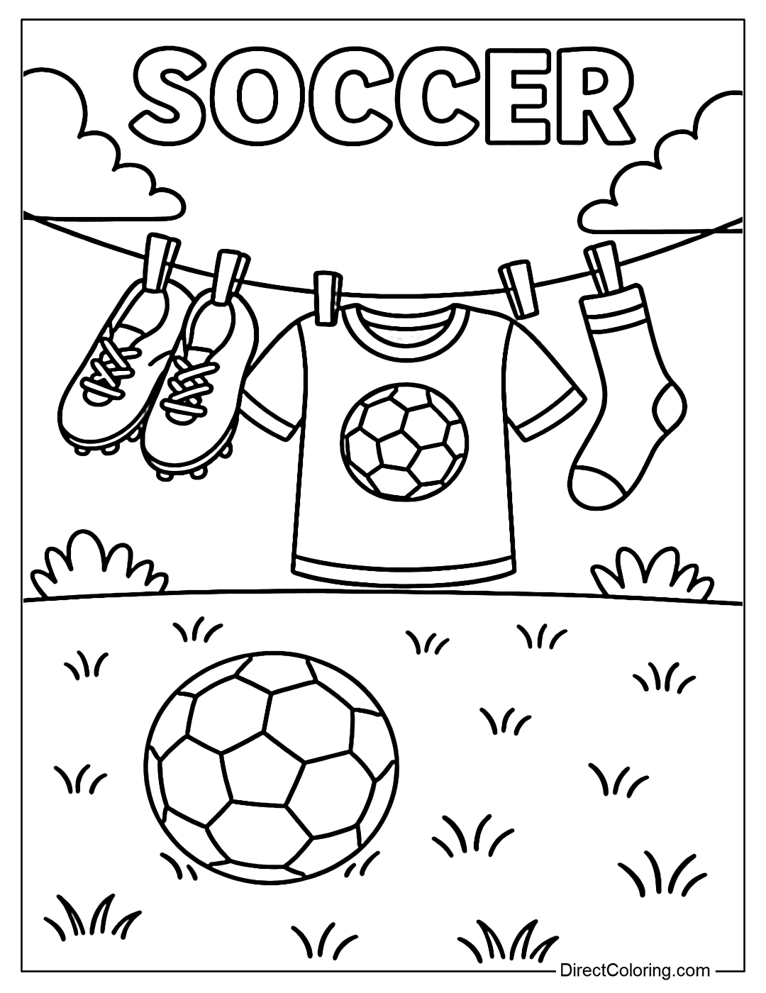 Coloring page of shoes, socks and jerseys drying on a line in front of the grass field, the ball lying next to it.